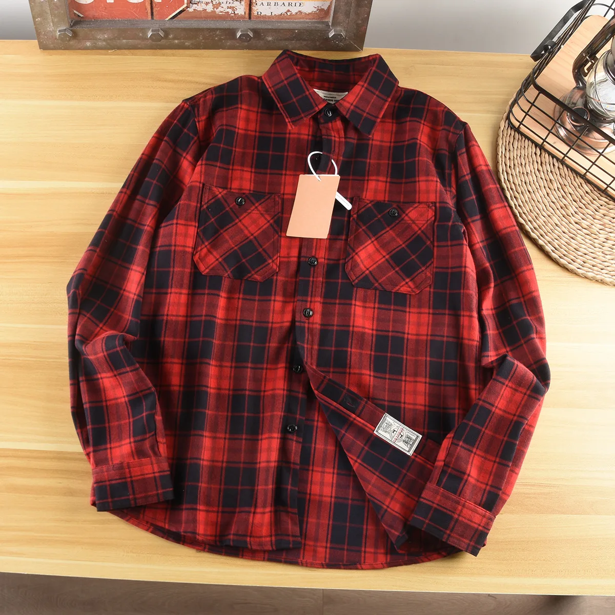 2024 New Retro Plaid Shirt Spring and Autumn Wind Double-pocket Cargo Long-sleeved Shirt Men's Fashion