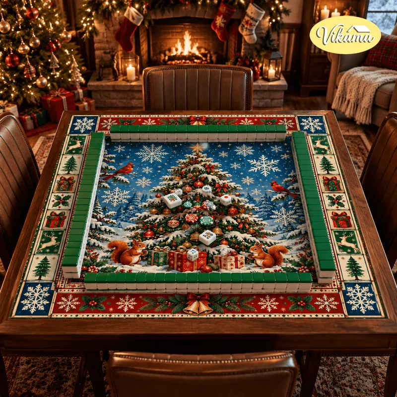 VIKAMA Christmas Mahjong Game Table Mat, Retro Christmas Tree, Squirrel, and Cardinal Non-Slip Square Tablecloth, Home Decor
