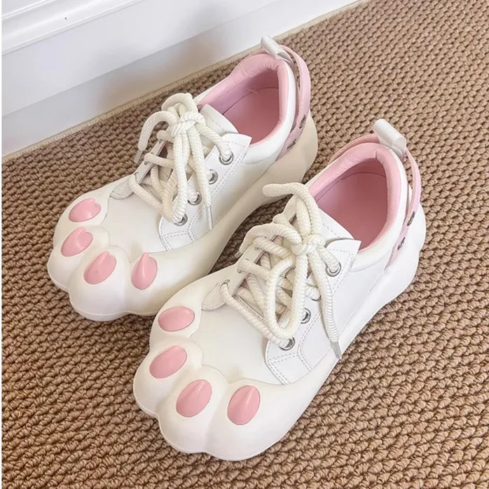 

Fashion Design Cute Kitty Paw Women Casual Sneakers Mixed Color Chunky Bottom Lace-Up Leather Shoes Lolita Girl Mary Janes Shoes