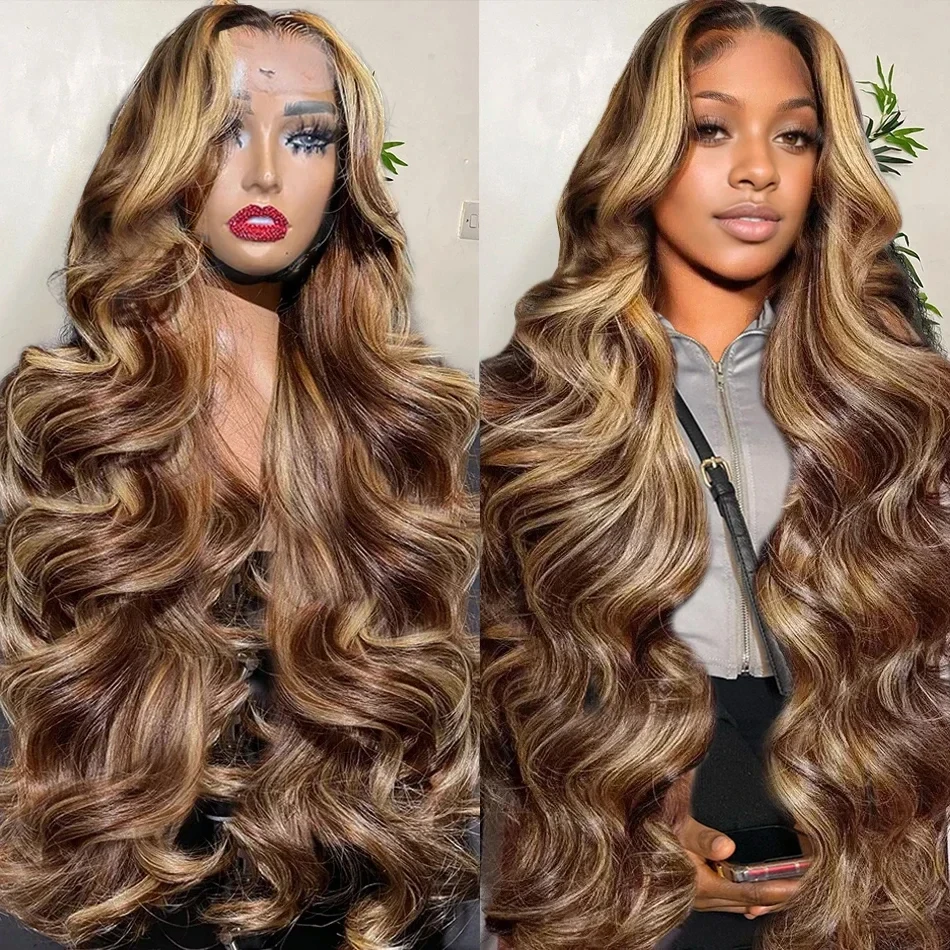 13x6 4/27 Highlight Body Wave HD Lace Frontal Wig 30 inch Curly 13x4 Transparent Lace Front Human Hair Lace Closure Wig