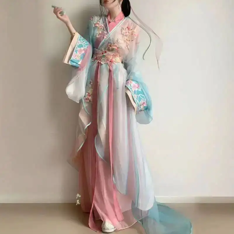 New Hanfu Dress Suit Improved Embroidered And Print Blended Hanfu Daily Short Style Tailored Palace Style Girl\'s Pink Han Set
