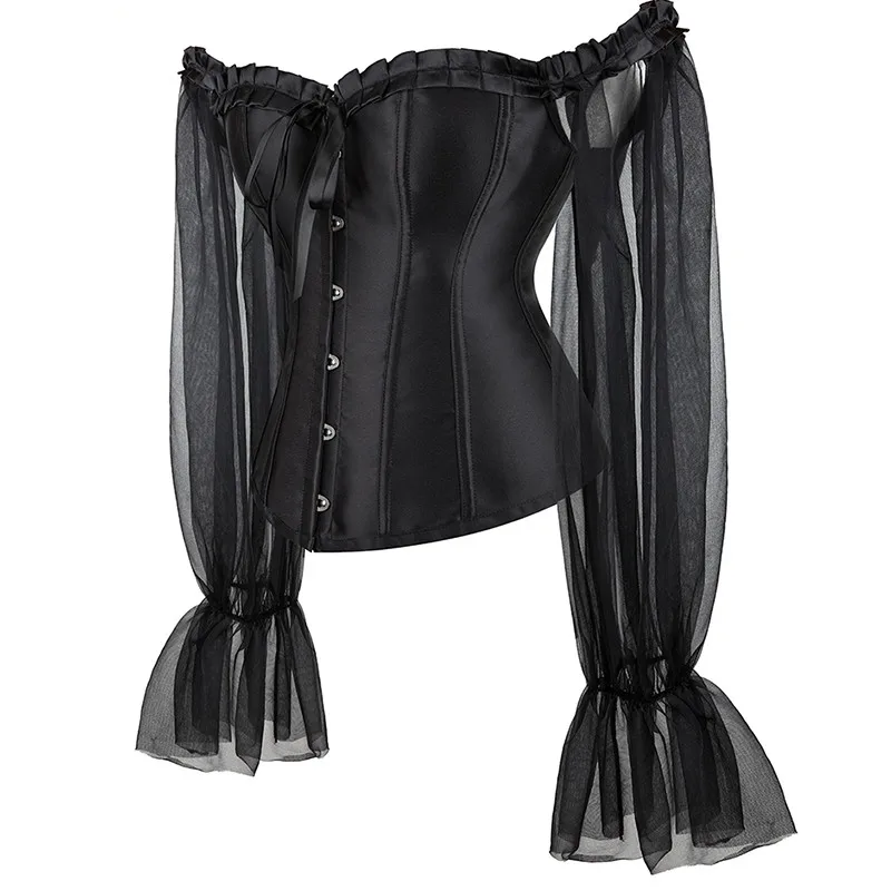 Sexy Corsets Bustiers Off Shoulder Tops For Women Long Sleeves Vintage Corset Gothic Satin Lingerie Corselet Overbust Plus Size