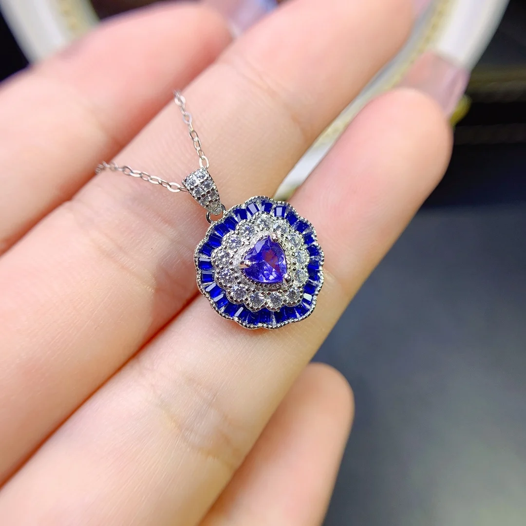 

FS Natural Heart-shaped Tanzanite Pendant Necklace S925 Sterling Silver Women Fine Fashion Charm Weddings Jewelry MeiBaPJ