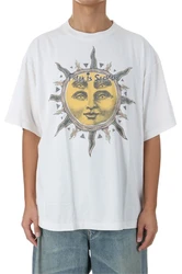High Quality SAINT Sun Face Printed Retro Vintage High Street Loose Washed Short Sleeved Pure Cotton Oversize Japanese T-shirt