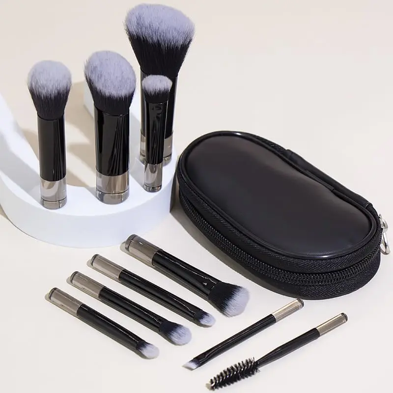 Portable Mini Makeup Brush Set with Brush Pouch (black) - 10pcs Easy-taken Complete Cosmetic Brushes