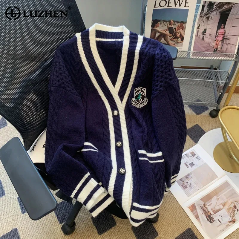 LUZHEN Luxury Elegant Color Contrast Design V Neck Knitted Cardigan 2024 Loose Long Sleeve Sweater High Quality Clothes AA2461