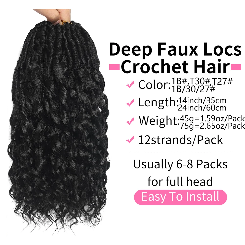 Rambut Crochet Deep Faux Locs untuk Wanita Kulit Hitam 7 Paket Rambut Crochet Goddess Locs Pra-Loop dengan Ujung Keriting Sintetis Pra-Loop
