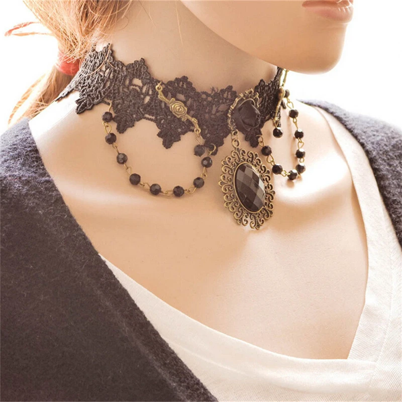 Gothic Victorian Choker Necklace Vintage Tattoo Tassel Punk Style Lace Pendant Wedding Jewelry Women False Collar Statement