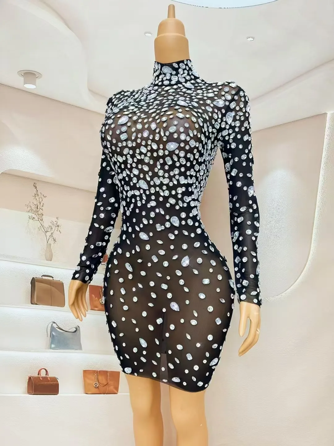 Sexy Transparent Mesh Flashing Big Silver Rhinestone Dress Birthday Evening Nightclub Party Luxury Gown Singer Perform Costume