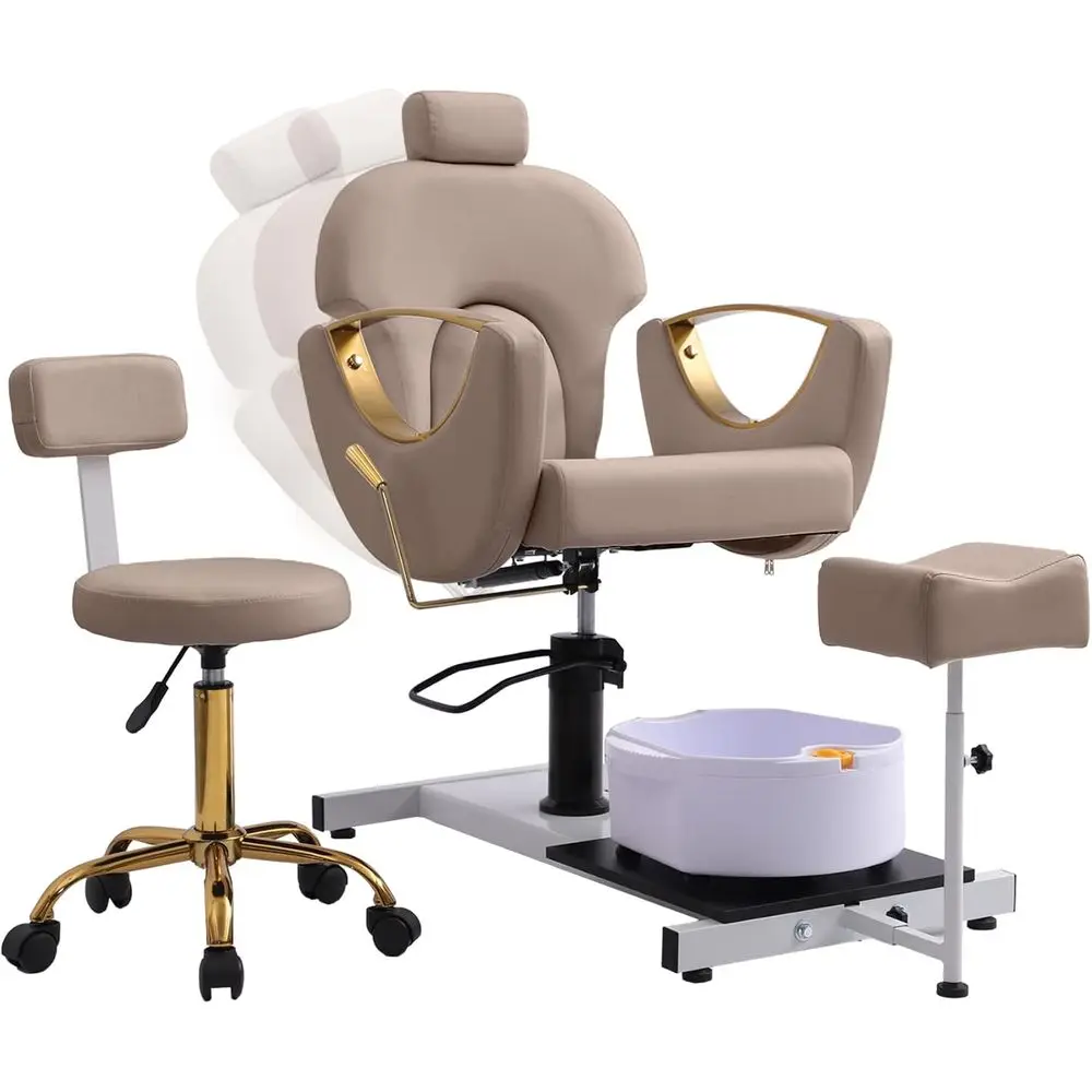

360 ° Поворотное кресло для педикюра с регулируемым подъемом, откидной станцией и подставкой для ног для салонов и спа (серый-золотой)