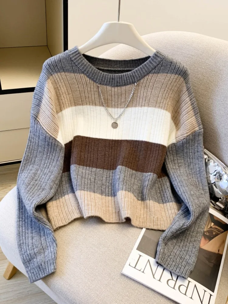 Damen Camere Gestreifte Strickwaren rund Ne Loose Fit Herbst Winter Pullover Weiche Mokka Farbe Pendeln Sle Long Sve Top