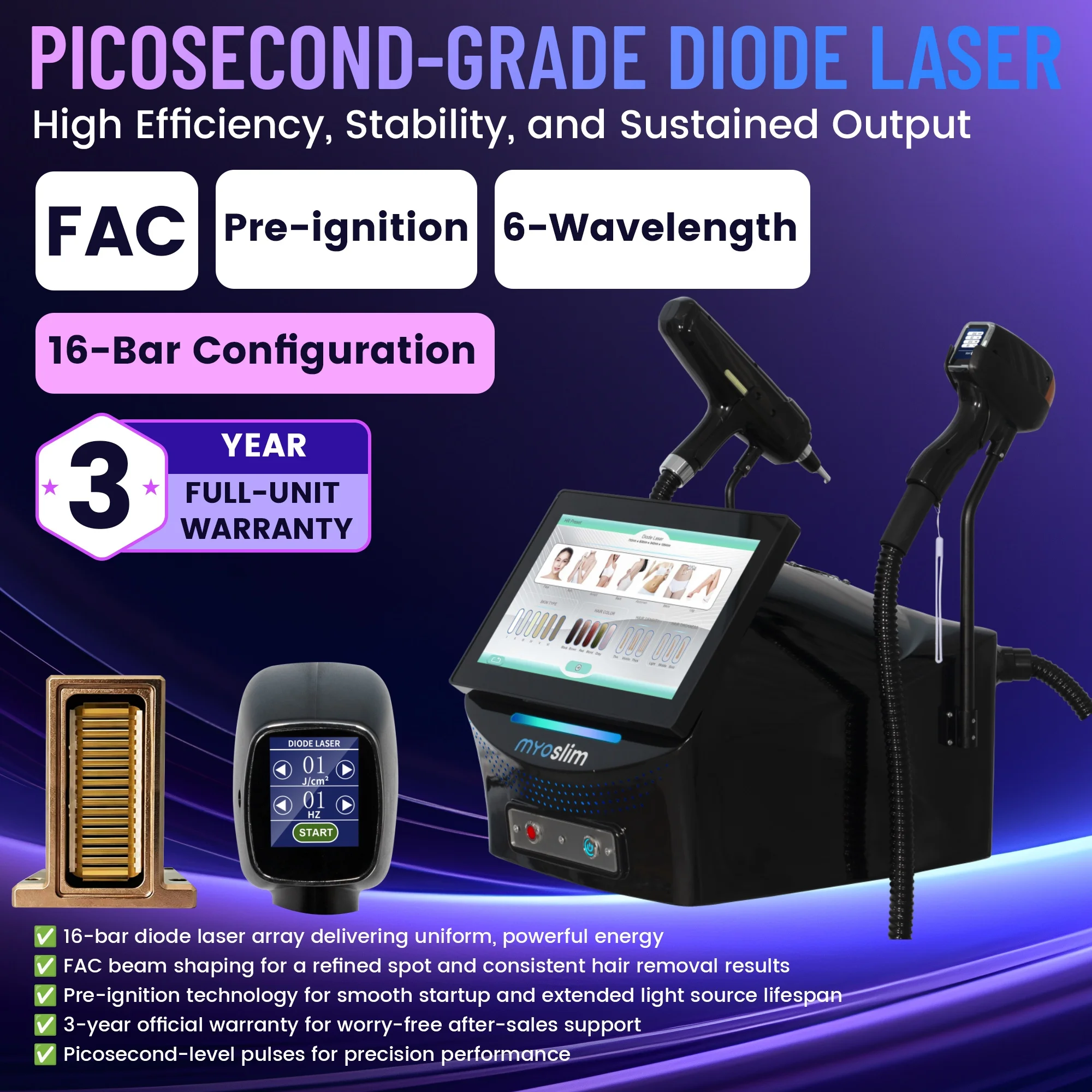 6000W 16bars Two-in-One 755nm 808nm 810nm 830nm 1064nm Diode Laser Hair Removal Device for Removing Tattoo Marks with Pulses