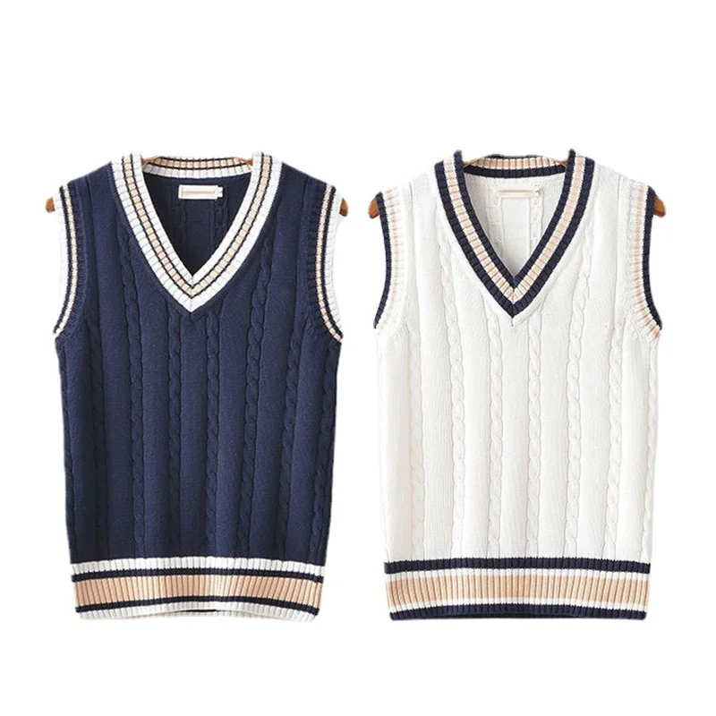 Trui Vest Heren Dikke V-Hals Mouwloze Gebreide Truien Vesten Gestreepte Retro Preppy-Stijl Eenvoudige Chique Losse Casual All-Match