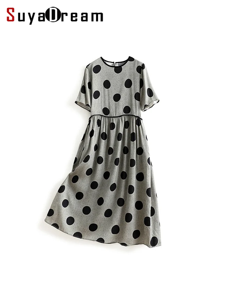 

SuyaDream, Women Dots Dresses, 24mm 92%Real Silk 8%Spandex, A line Printed Dress, 2024 Spring Summer Clothes