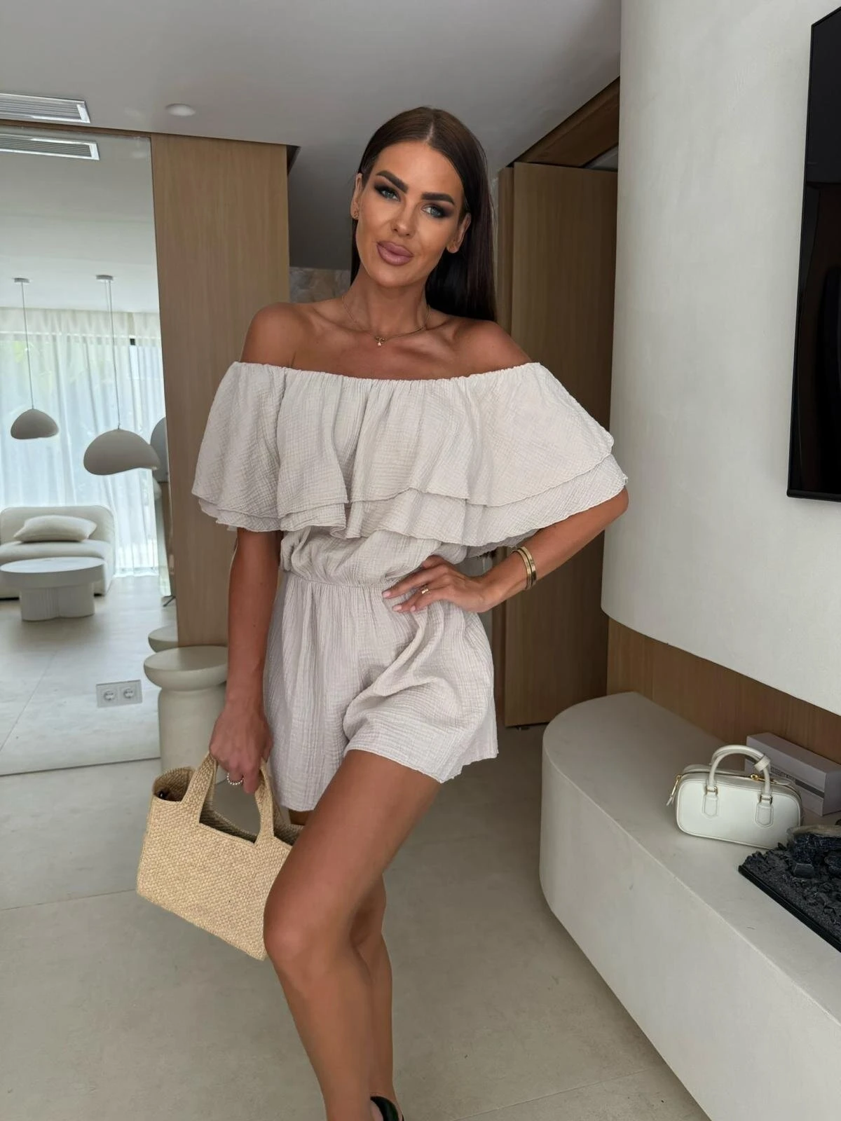 Women Off Shoulder Ruffled Layered Romper Textured Fabric Elastic Waist Short Sleeve Casual Summer Jumpsuit for Beach Vacation a view 3