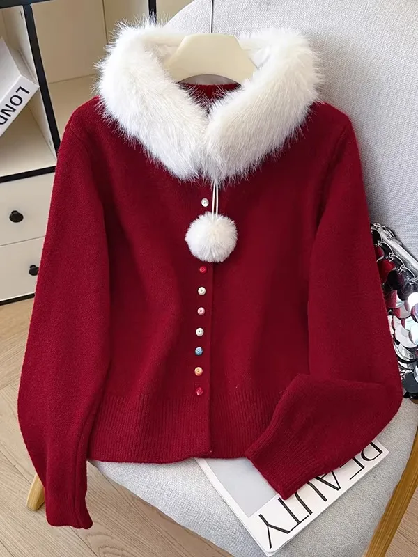 

Sli Knitted Sweater Women's Fur Collar Button Autumn Winter New Year Red Aosphere Youthful High-End Beauti...