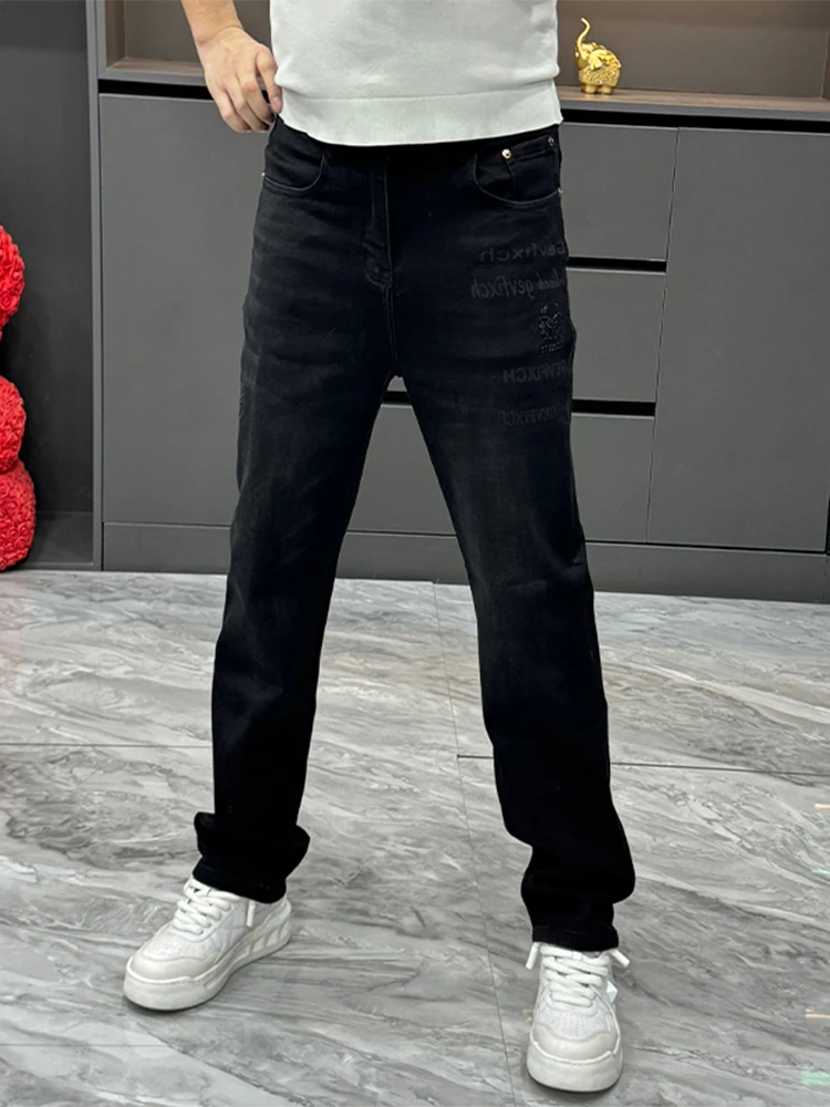 

Trendy Letter Print Fce Lined Casual Jeans Men's Bla Straight Leg Long Pants Autumn Winter New Sle Comfortable Fit
