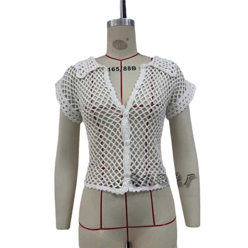 カーディガン女性コートセーター中空アウト半袖ターンダウン襟オープンステッチジャンパーコート Y2k ストリートシングルブレスト
