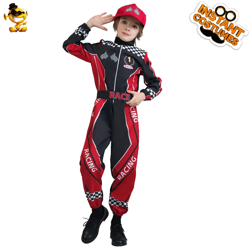 

Funny Kids Racer Costumes Hat Jumpsuit Belt Stage Performance Costumes Party Performance Halloween Racer Dress Up Costumes