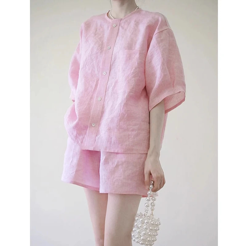 

Women's Summer Sweet Pink Cotton Linen Casual Two Piece Sets Outfits Round Collar Shirts Tops And Elastic Waist Shorts N831