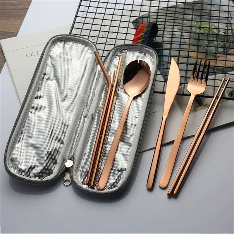 7PCS/Set Cutlery Spoon Fork Chopsticks Juice Straw Lunch Tableware With Bag Brush Stainless Steel Dinnerware Kitchen Accessories