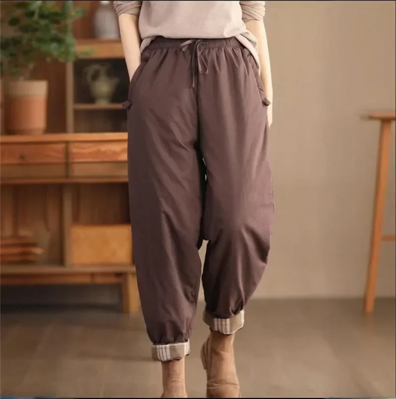 กางเกงขายาวผู้หญิงผ้าฝ้ายลายสก็อตแบบผูกเชือกรุ่นใหม่ปี 2025 สไตล์ลำลอง สีพื้น ทรงหลวม อุ่นสบาย เหมาะสำหรับฤดูใบไม้ร่วงและฤดูหนาว