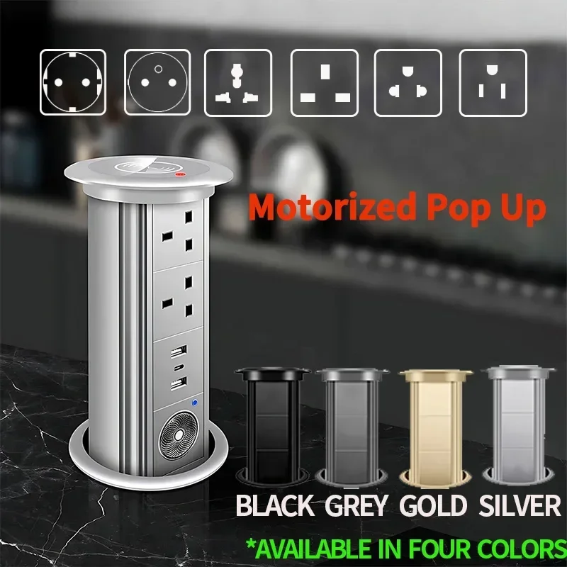 Motorized Lifting Pop Up Tower Power Outlet Hidden Mounted Kitchen Worktop USB Type C Socket with Speaker Wireless Charging