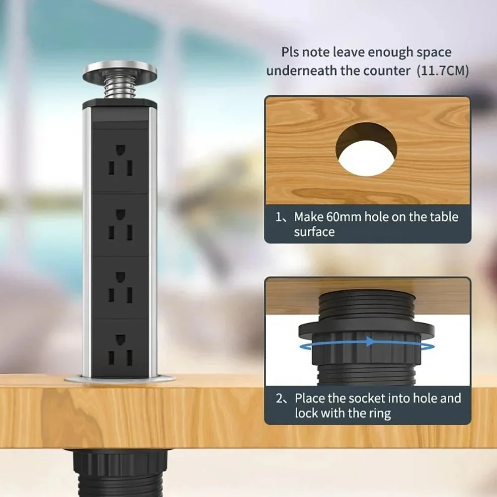 Melanerowa listwa zasilająca USB US Plug Outlet ukryty wysuwana listwa elektryczna biurkiem elektrycznym blat kuchenny przewód przedłużający 1.8m