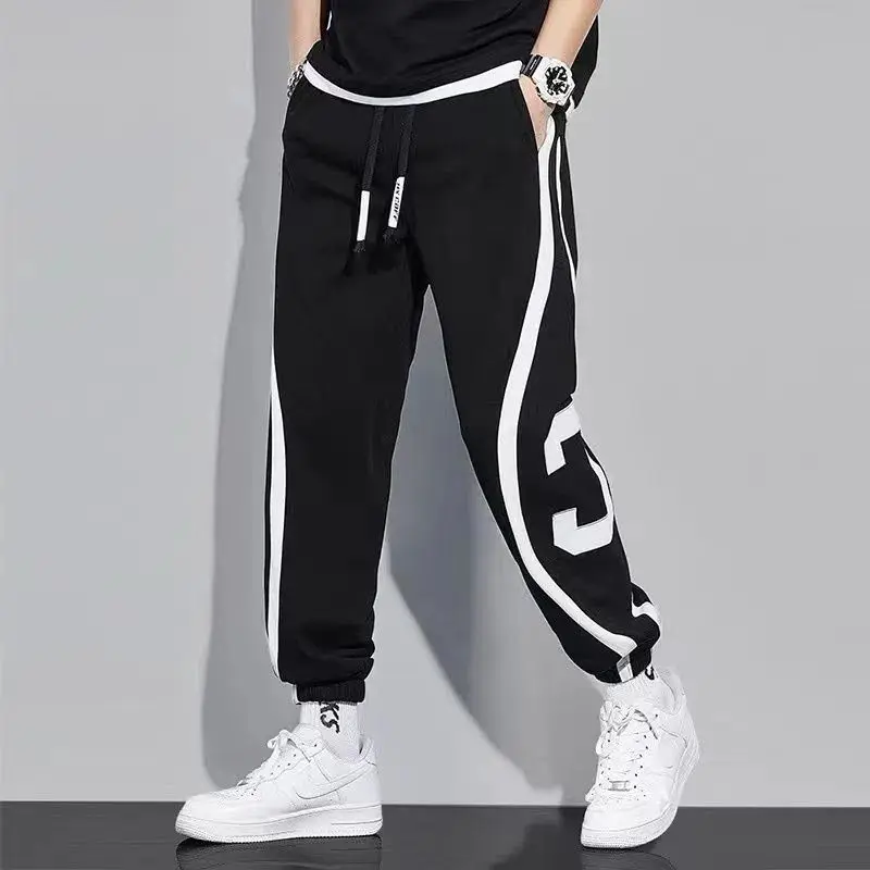 Korean Autumn Winter Fashion Casual Sports Pants Men Color Blocking Digital Pocket Patchwork Drawstring Fleece Straight Trousers