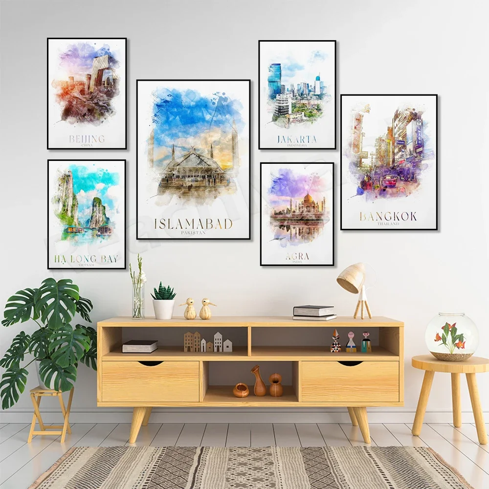 Halong Bay Vietnam, Bangkok Thailand, China, Delhi India, Agra, Islamabad Pakistan, Jakarta Indonesia watercolor travel poster