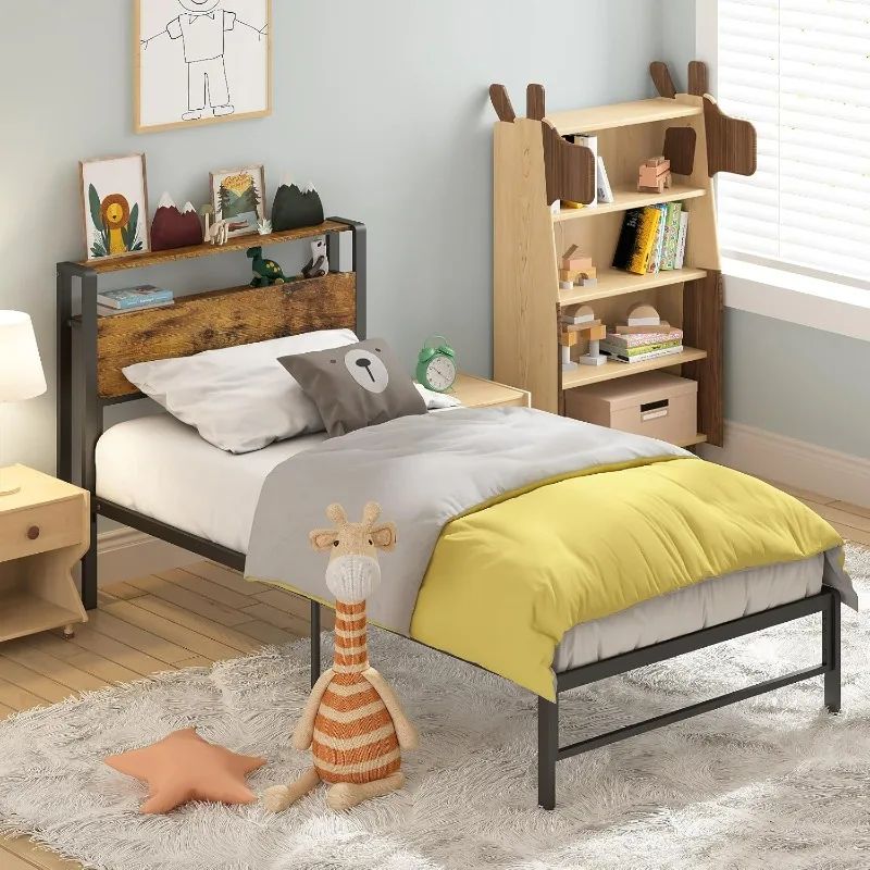 

Bed Frames for Kids, with 2 Tiers Wood Shelves Headboard Under Bed Storage Space No Box Spring Needed Heavy Duty Metal Plaform