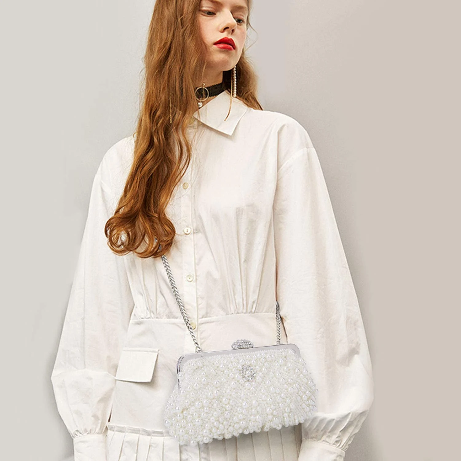 FZFZ Women Pearl Clutch Bags Evening Bag Purse Handbag For Wedding Chain Bag For , White