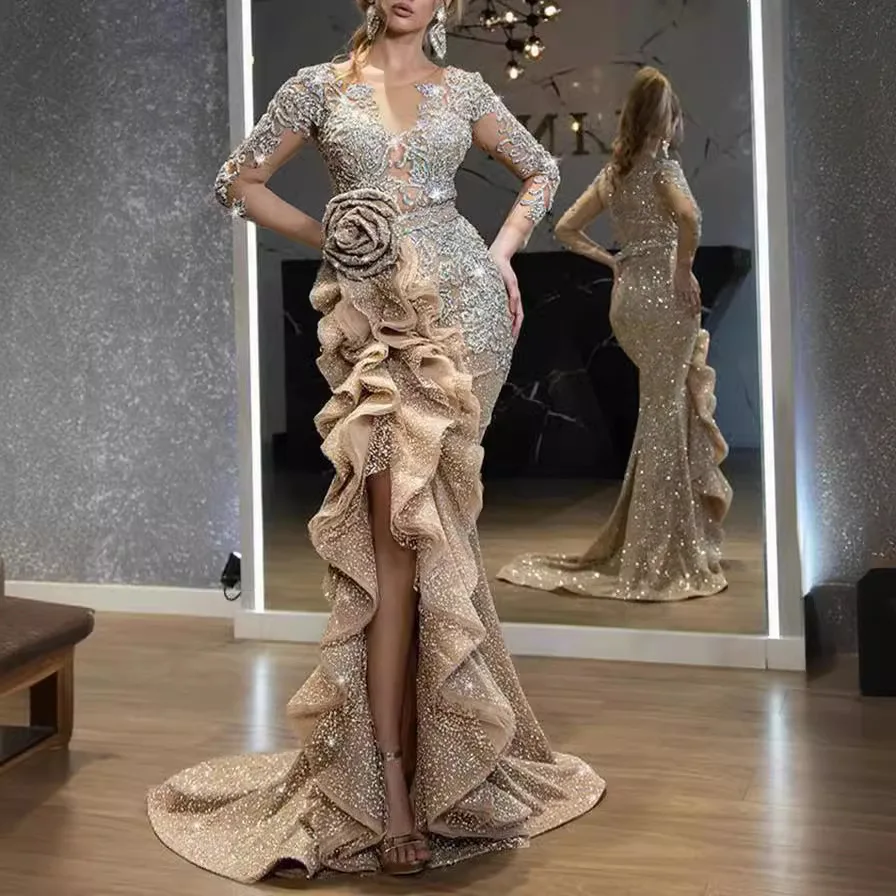 

Breathtaking Hollywood Sequined Fulllength Backless Mermaid Ethereal Dress Gala Evening Floorlength Gown!
