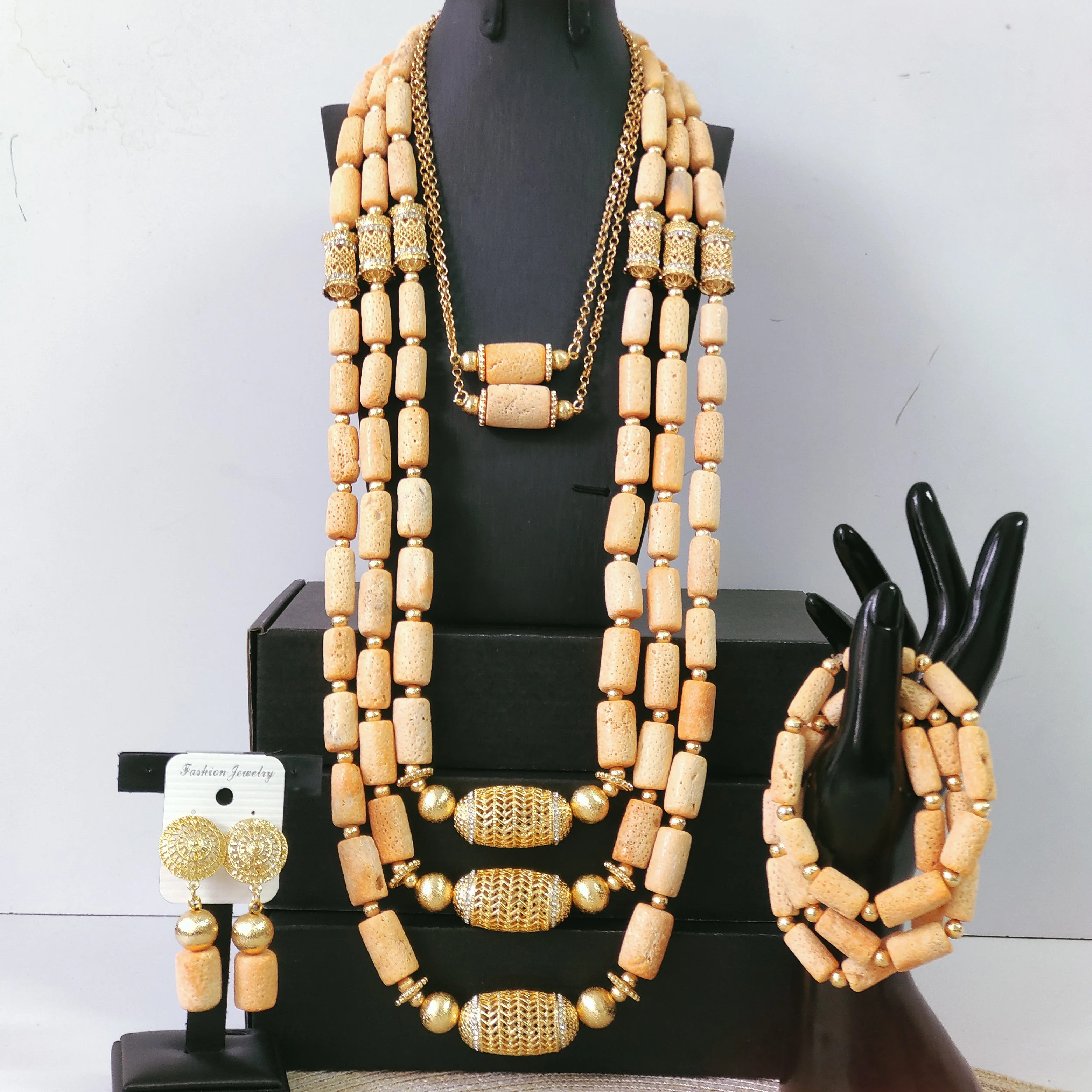 18inches chain and 32inch 3layers necklace Nigeria Coral Jewelry Original Coral Beads African Jewelry Sets for Women