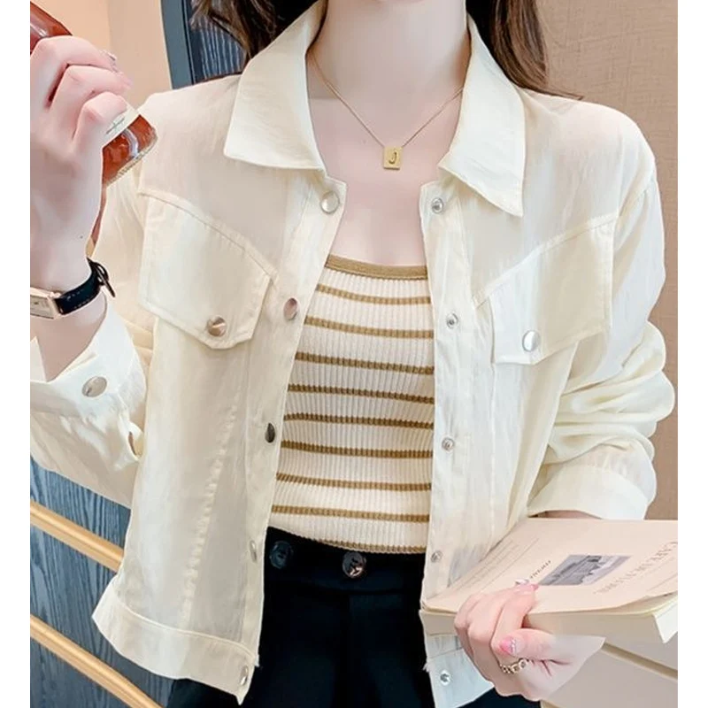 spring autumn new Solid color shirt women High street Turn-down Collar Long Sleeve Pockets Cardigan Korean style elegant tops