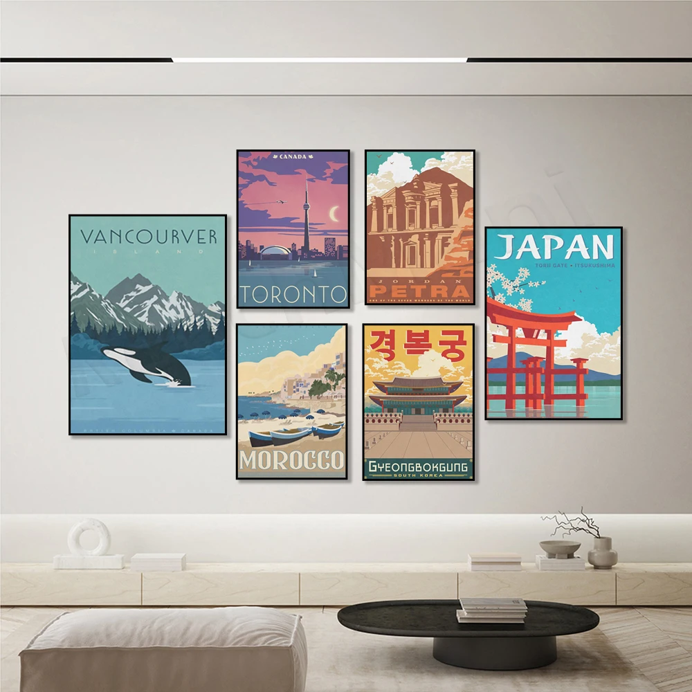 

Agadir Beach Morocco, Toronto, Vancouver Island, Canada, Gyeongbokgung Palace, Seoul Korea, Japan Torii, Petra Travel Poster