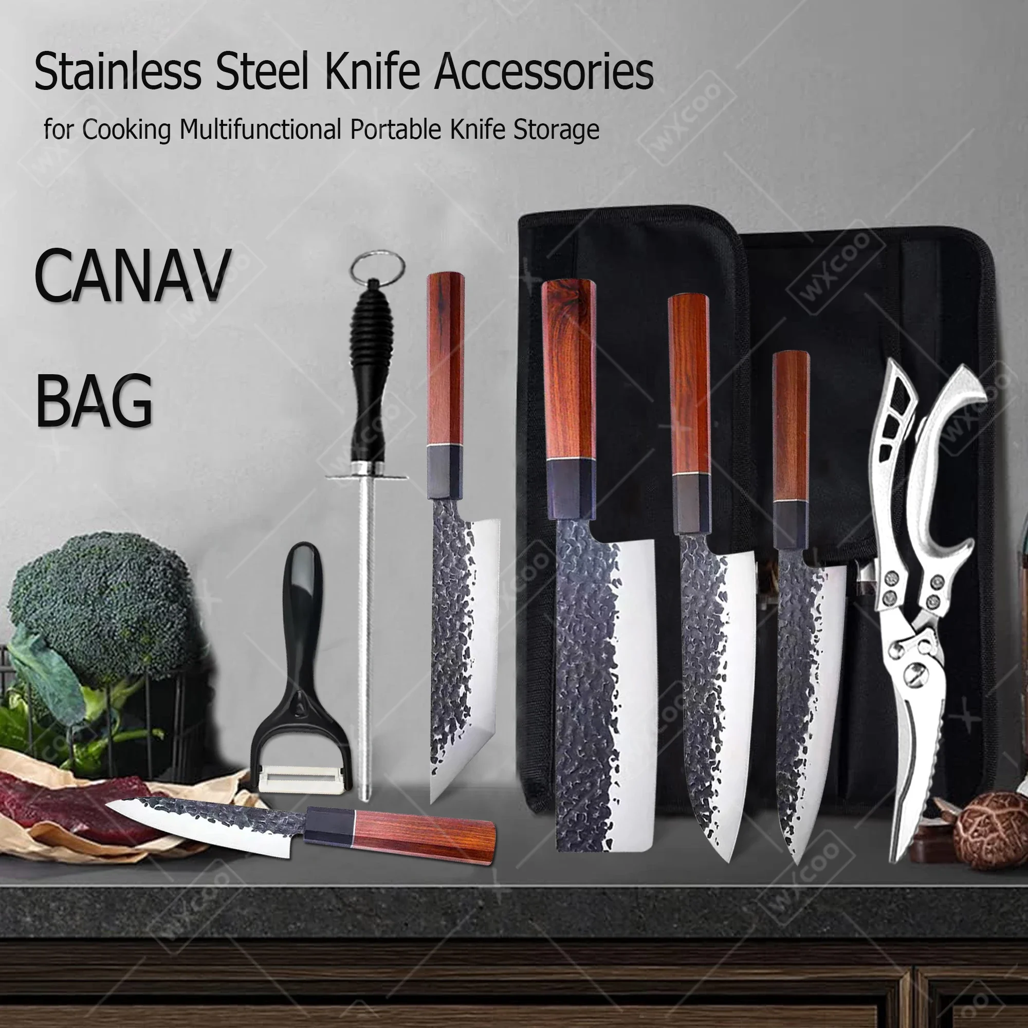 WXCOO Professional Kitchen Knife Wooden Handle Hand Forged Stainless Steel Boning Knife Fruit Slicing Chef Knife Canvas Roll Bag