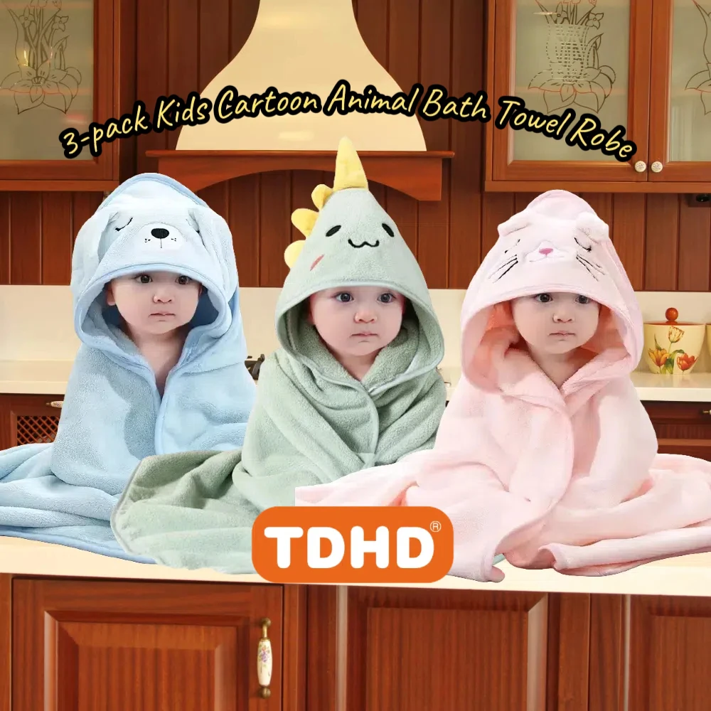 

TDHD, 3 упаковки, детский банный халат с мультяшными животными — супермягкий коралловый флис из микрофибры, высокая впитываемость, 31,5x31,5 дюйма, 3 цвета