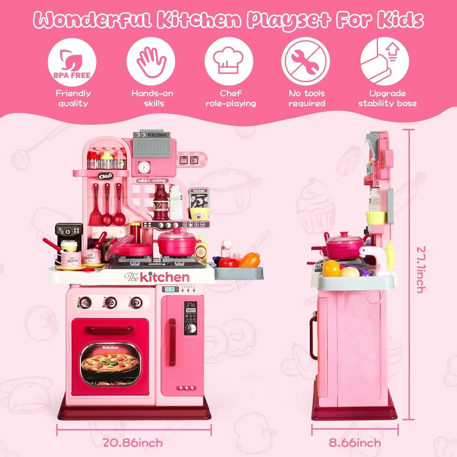 Kinderkeukenspeelset, keukenset voor peuters 1-3 3-5, kookfornuis, speelgootsteen en keukenaccessoires, speelgoedkeuken (roze)