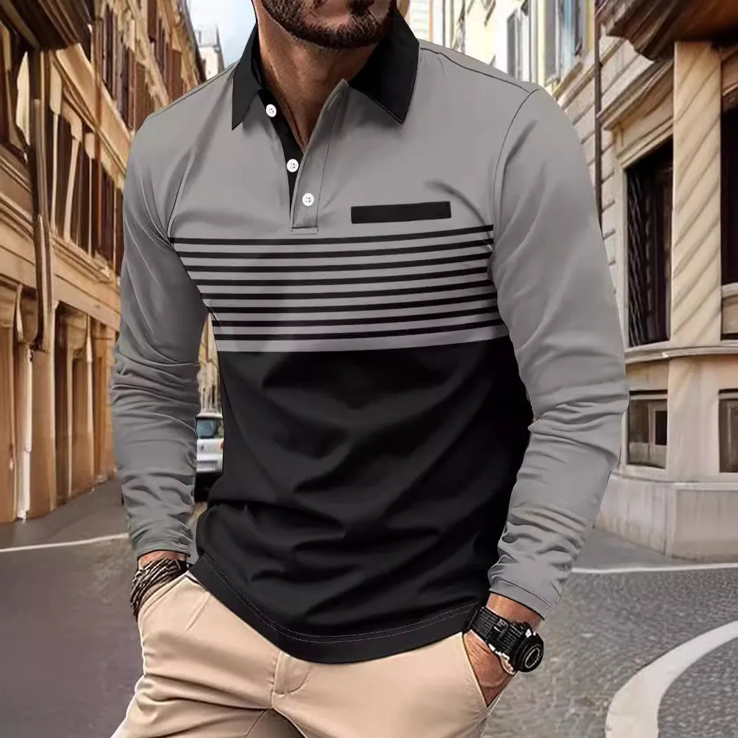 2024 Spring And Autumn Men's Hot Selling Polo Shirt Long Sleeve Striped Printed Color Contrasting Men's Casual Polo Shirt
