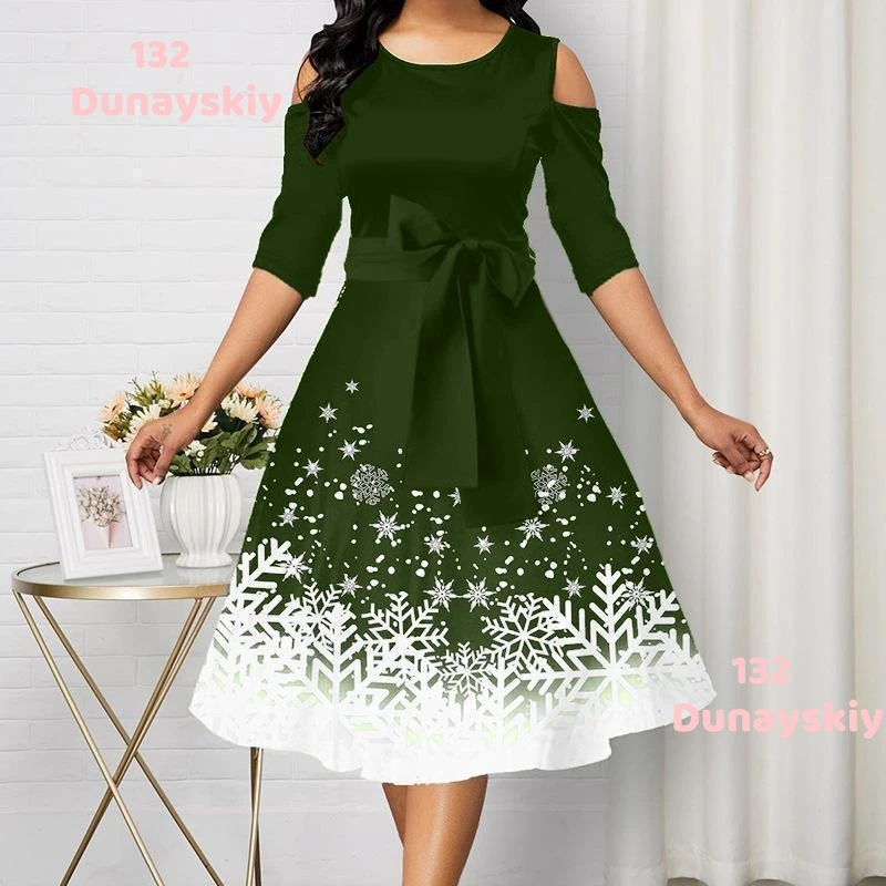 

Vintage Winter Christmas Dress Women Elegant Half Sleeve Casual Print Swing Xmas Party Robe