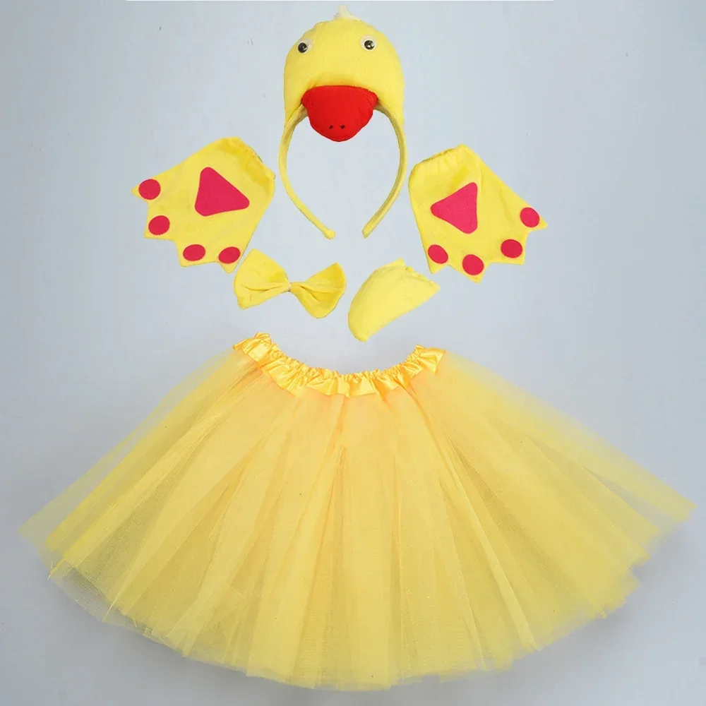 Women Girls Yellow Duck White Goose Animal Costume Headband Bowtie Tail Tutu Set for Halloween Christmas Cosplay Party