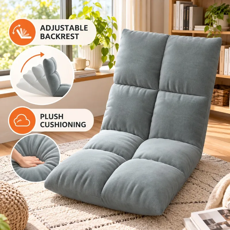 Foldable Floor Lounge Chair with Padded Backrest, Lazy Sofa Seat for Bedroom, Dorm Room, Reading, Gaming and Compact Home Living