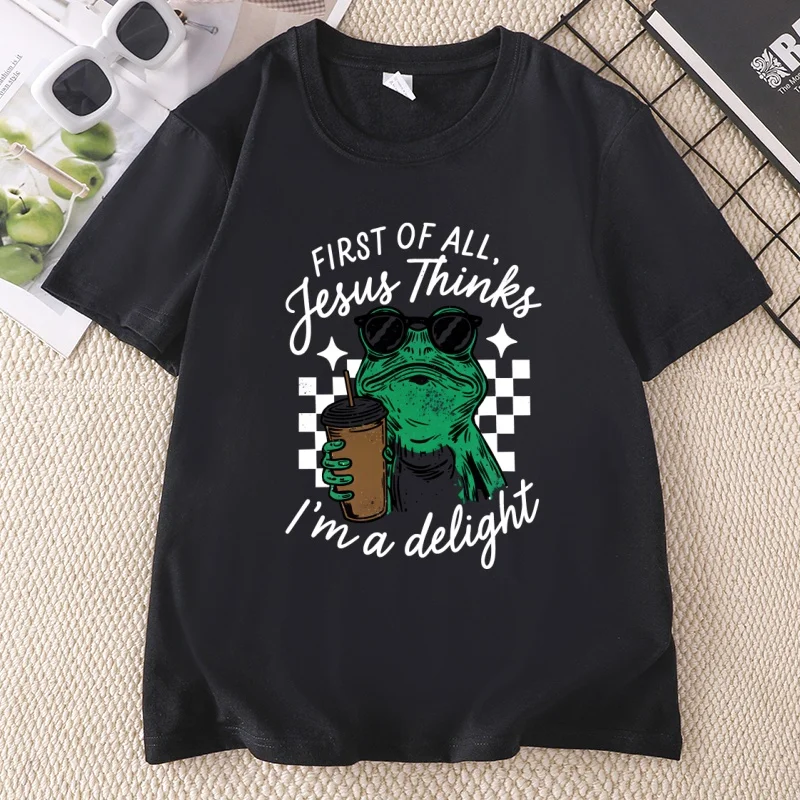 First of All Jesus Thinks I'm A Delight T-shirt Funny Christian Frog Graphic T Shirts Coffee and Jesus Tshirt Faith Cotton