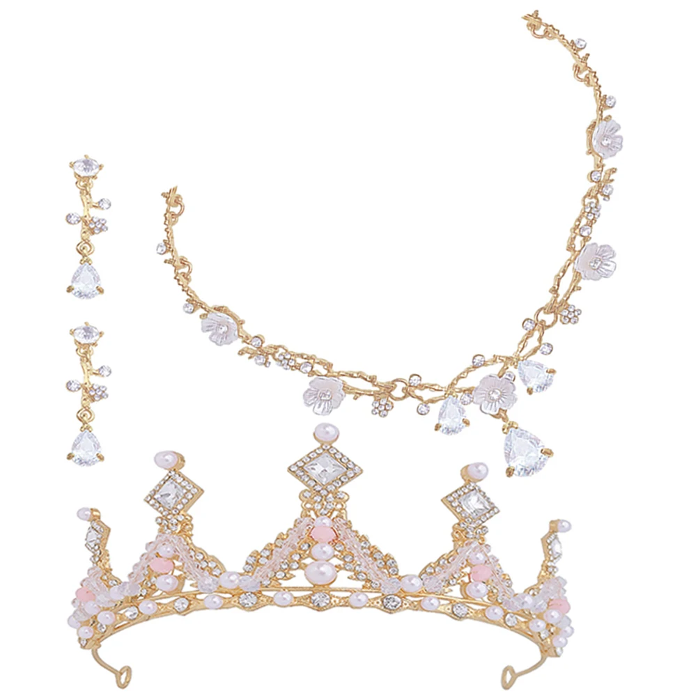 

7 Children Crowns Necklace Earrings Set Birthday Party Accessories Girl Crown Headb Rhinestone Princess Style Comfortable Fine