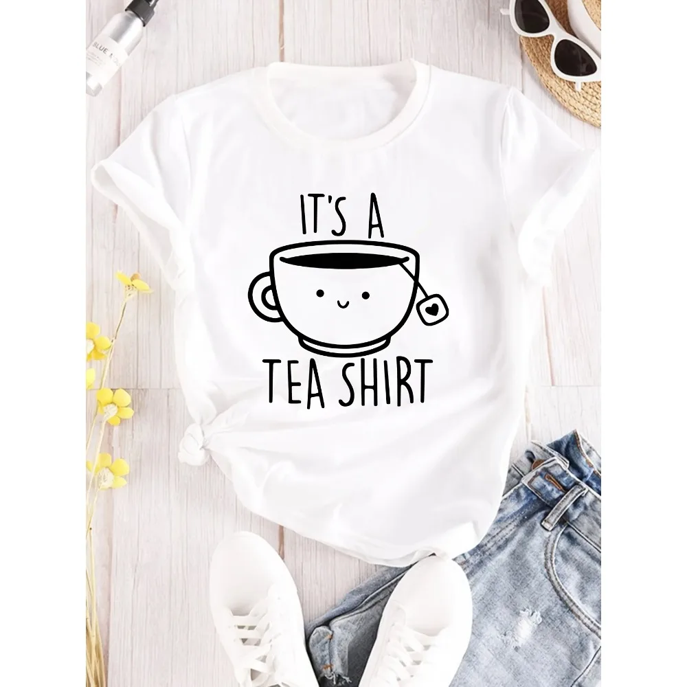 Women'S Casual Crew Neck T-Shirt Fashion Tee with  It's A Tea Shirt  Alphabet Cartoon Teacup Pattern Printed Summer Clothing