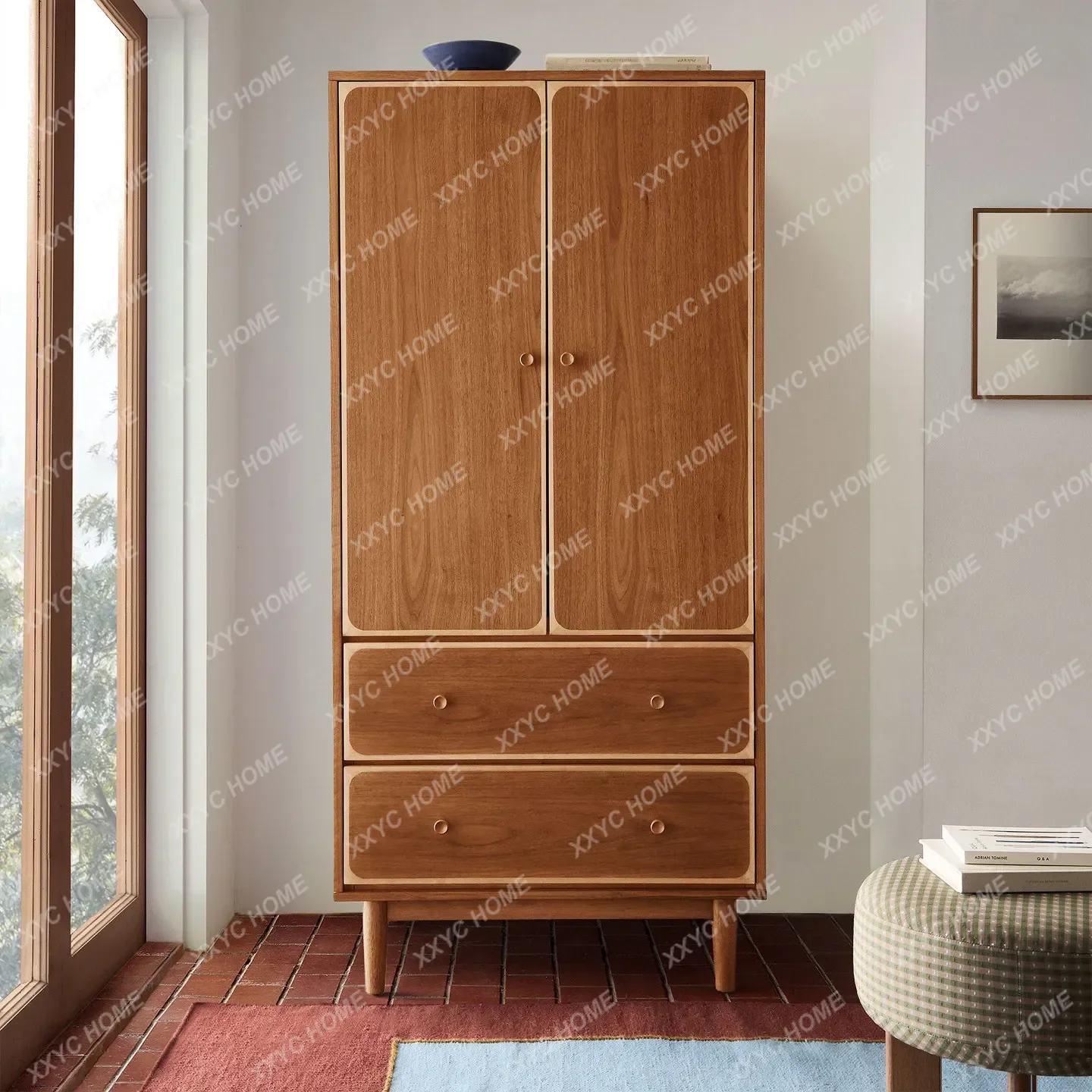 Medieval all solid wood retro cabinet walnut cherry wood teak color bedroom storage wardrobe
