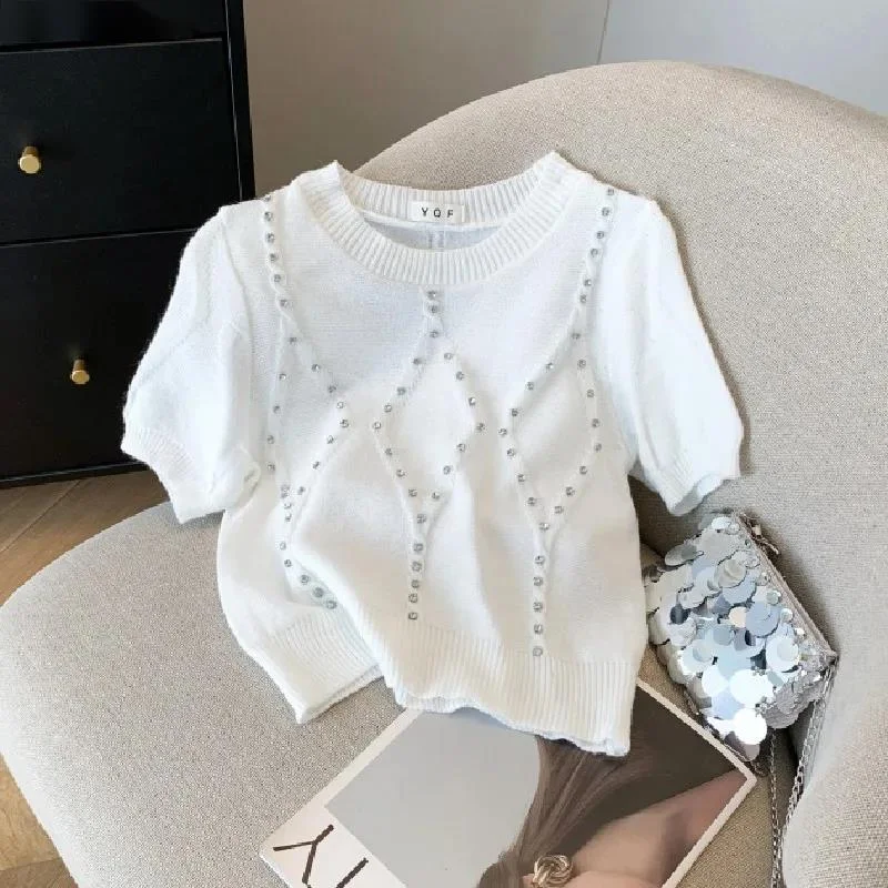 Women\'s Sweater Tops 2024 Summer Diamonds Stylish Elegant Korean Pullovers Tees Knitwear Short Sleeve O-neck Chic Ladies Jumpers