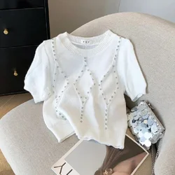 Women's Sweater Tops 2024 Summer Diamonds Stylish Elegant Korean Pullovers Tees Knitwear Short Sleeve O-neck Chic Ladies Jumpers