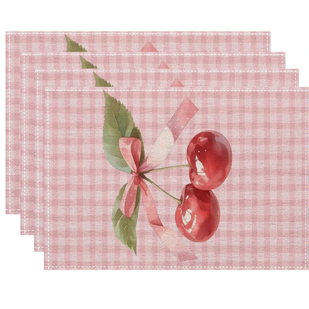 Green Gingham Cherry Placemats With Red Fruit Print For Vintage Farmhouse Dining Table Decor Cute Country Style Washable view 2
